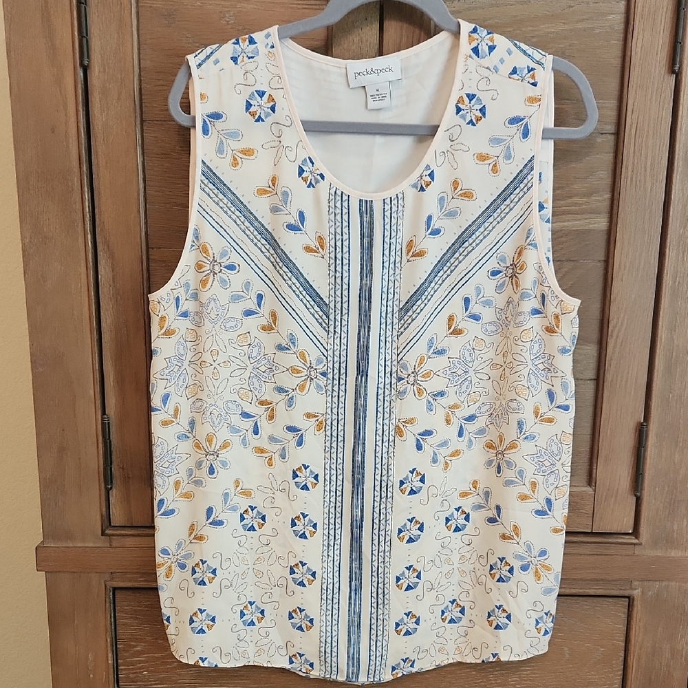 Peck & Peck Cream Embroidered Floral Sleeveless Top with Blue and Gold Accents